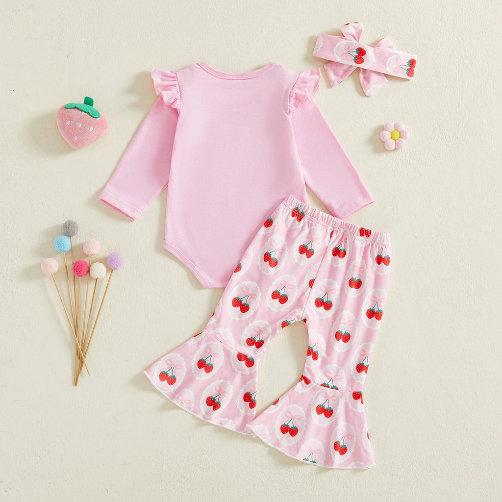 Brodé manches longues Romper imprimé Pantalons et bandeau trois pièces