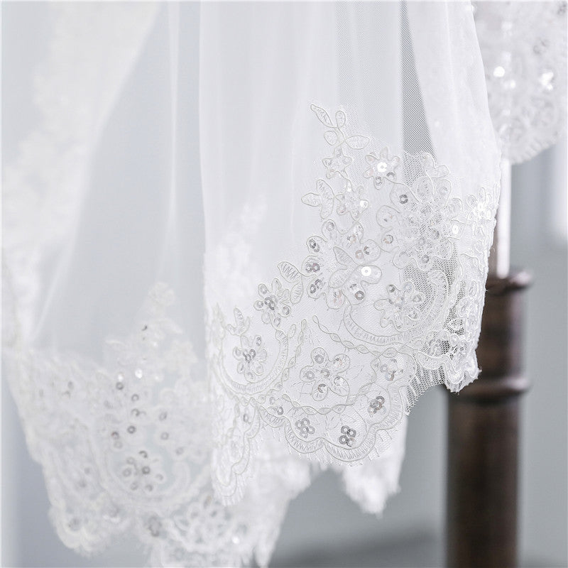 Short Veil Soft Mesh Dentelle pailletée Blanc Ivoire