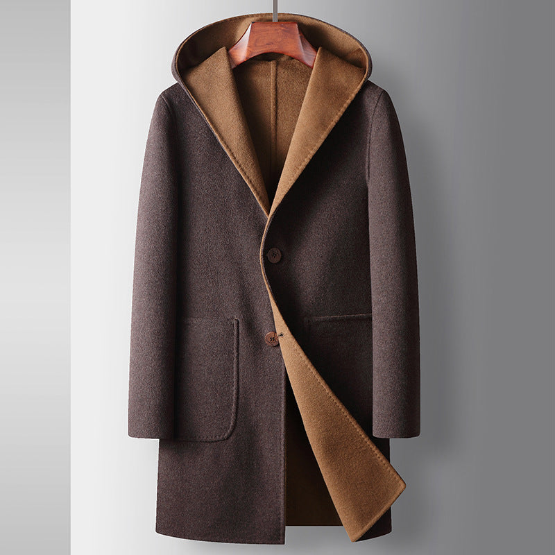 Manteau de laine mi-longueur homme avec un style réversible à la hotte