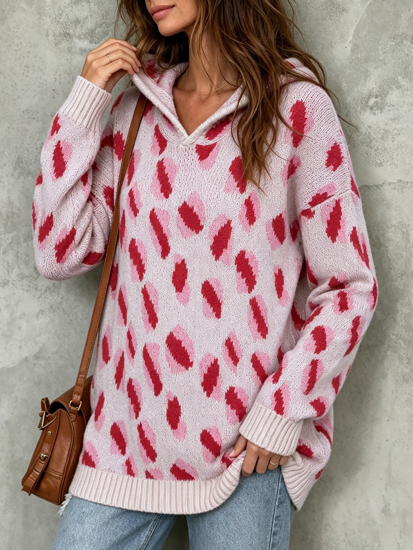 Femmes Casual Drop Épaule à capuchon tricot Top Rose Leopard Motif Laine Blend Chandail