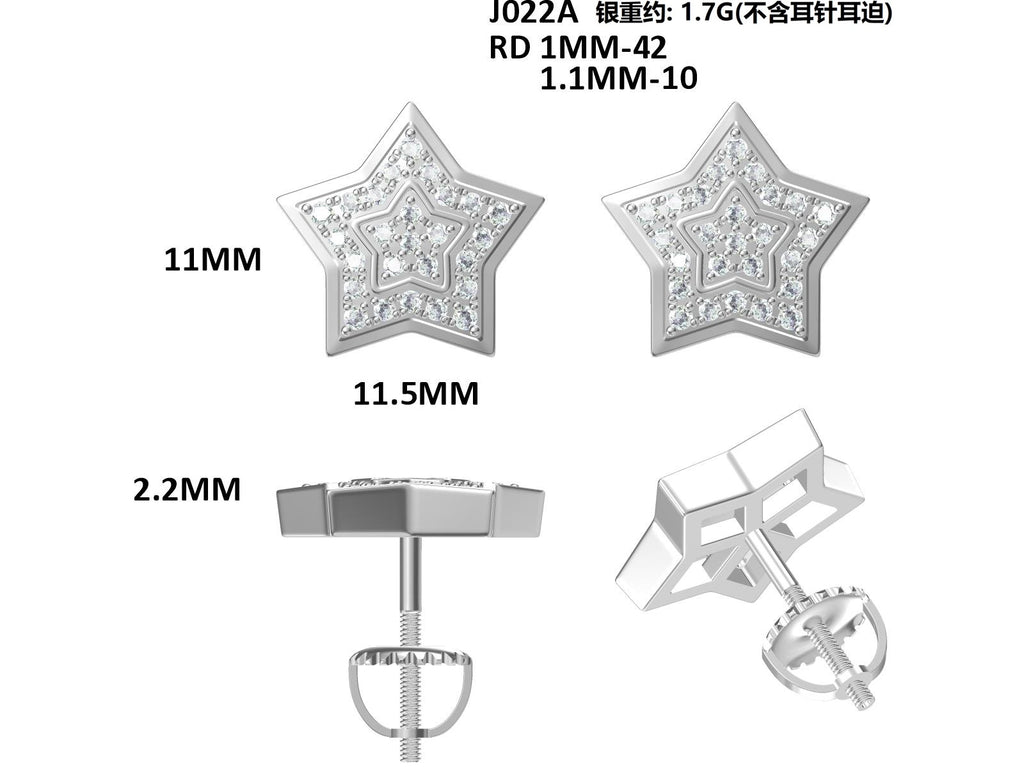 S925 Argent Sterling 52pcs D Couleur VVS1 Boucles d'oreilles en étoile de Moissanite 11mm Double Pave Scr