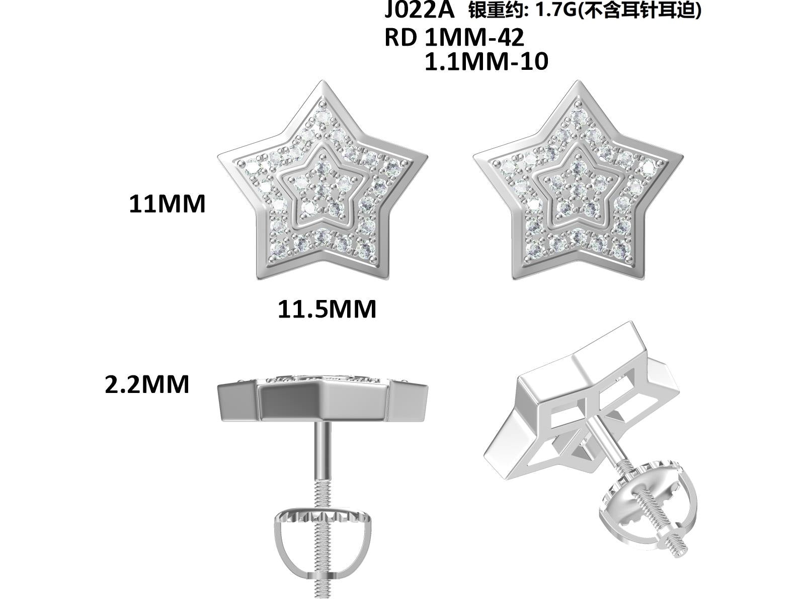 S925 Argent Sterling 52pcs D Couleur VVS1 Boucles d'oreilles en étoile de Moissanite 11mm Double Pave Scr