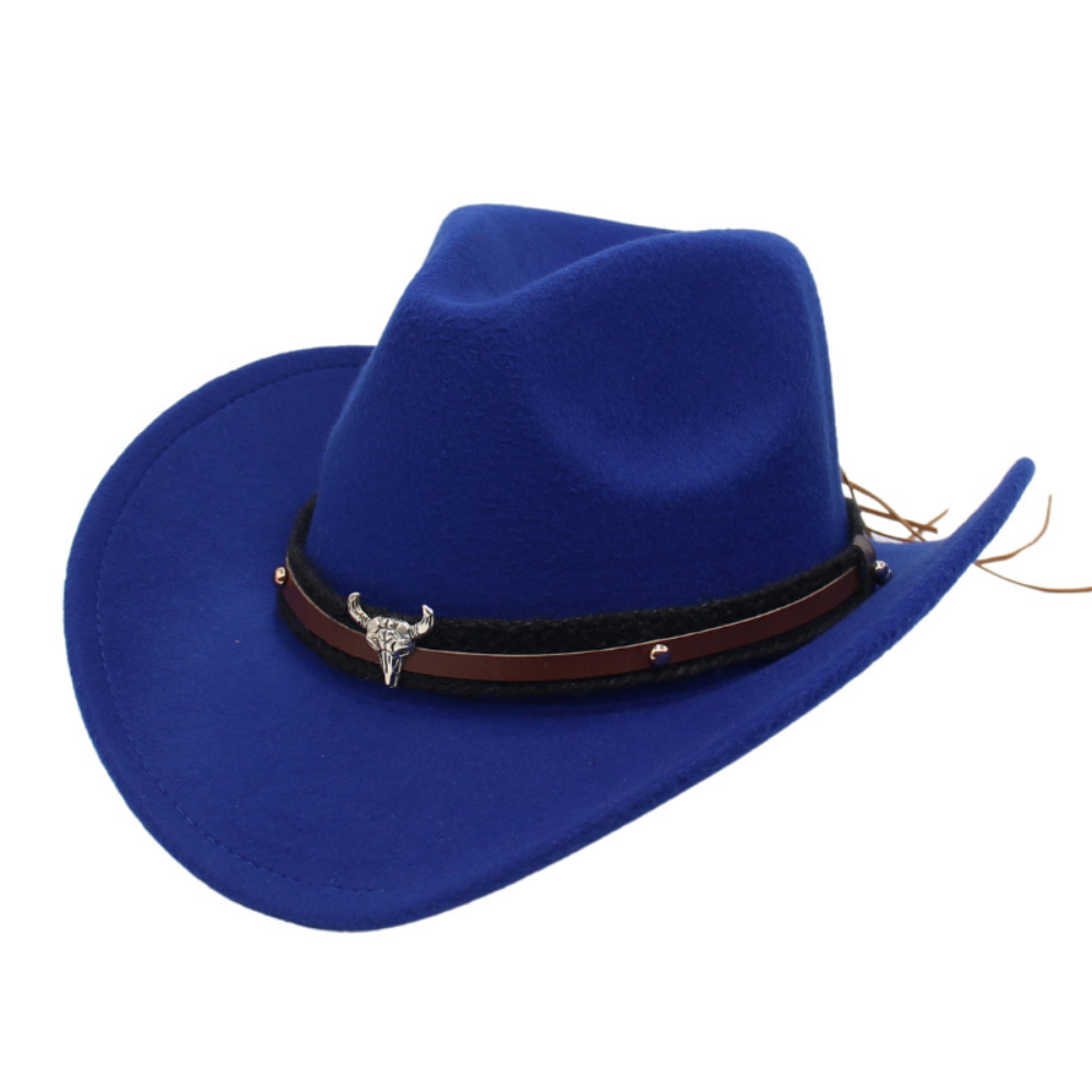 Chapeau américain rétro Western Cowboy - Silver Bull Head Large Brim Felt Chapeau tricoté