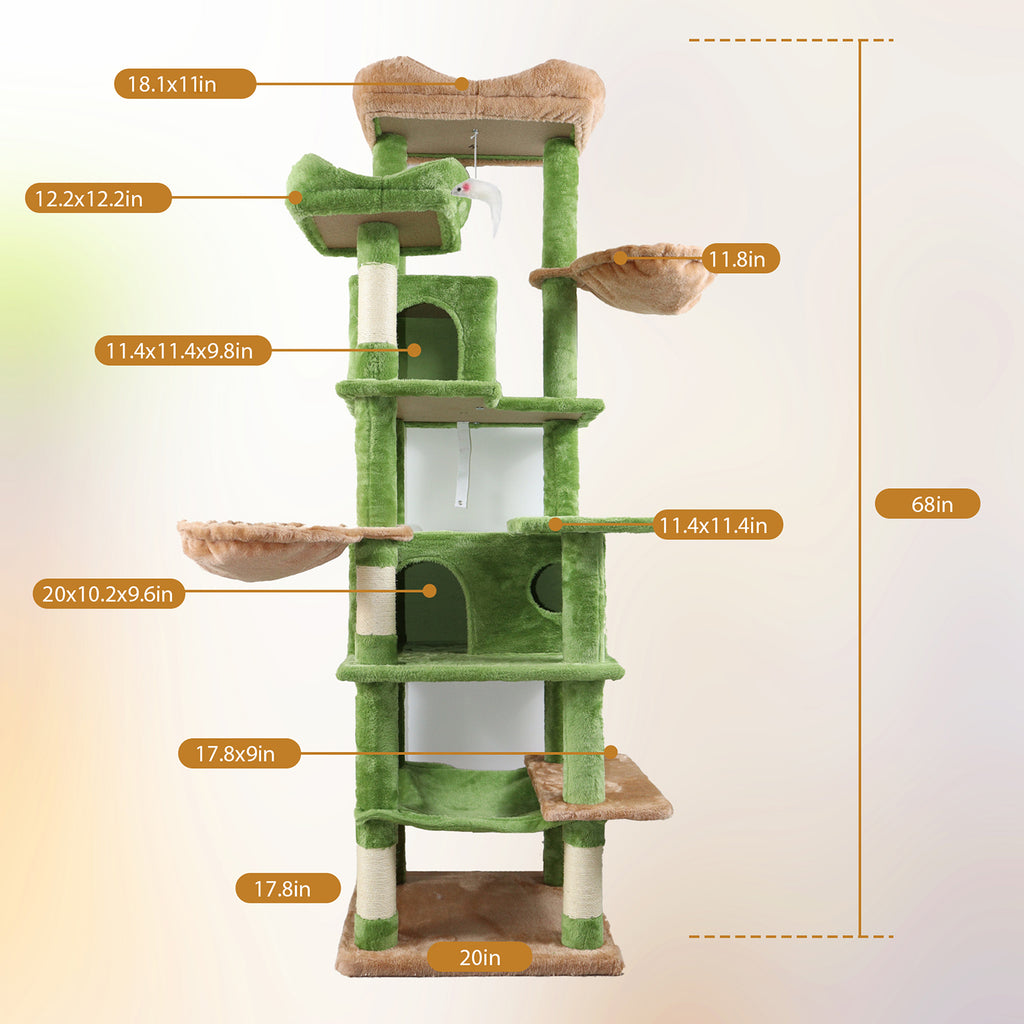 68in Grand arbre de chat vert multi-niveaux avec hamacs