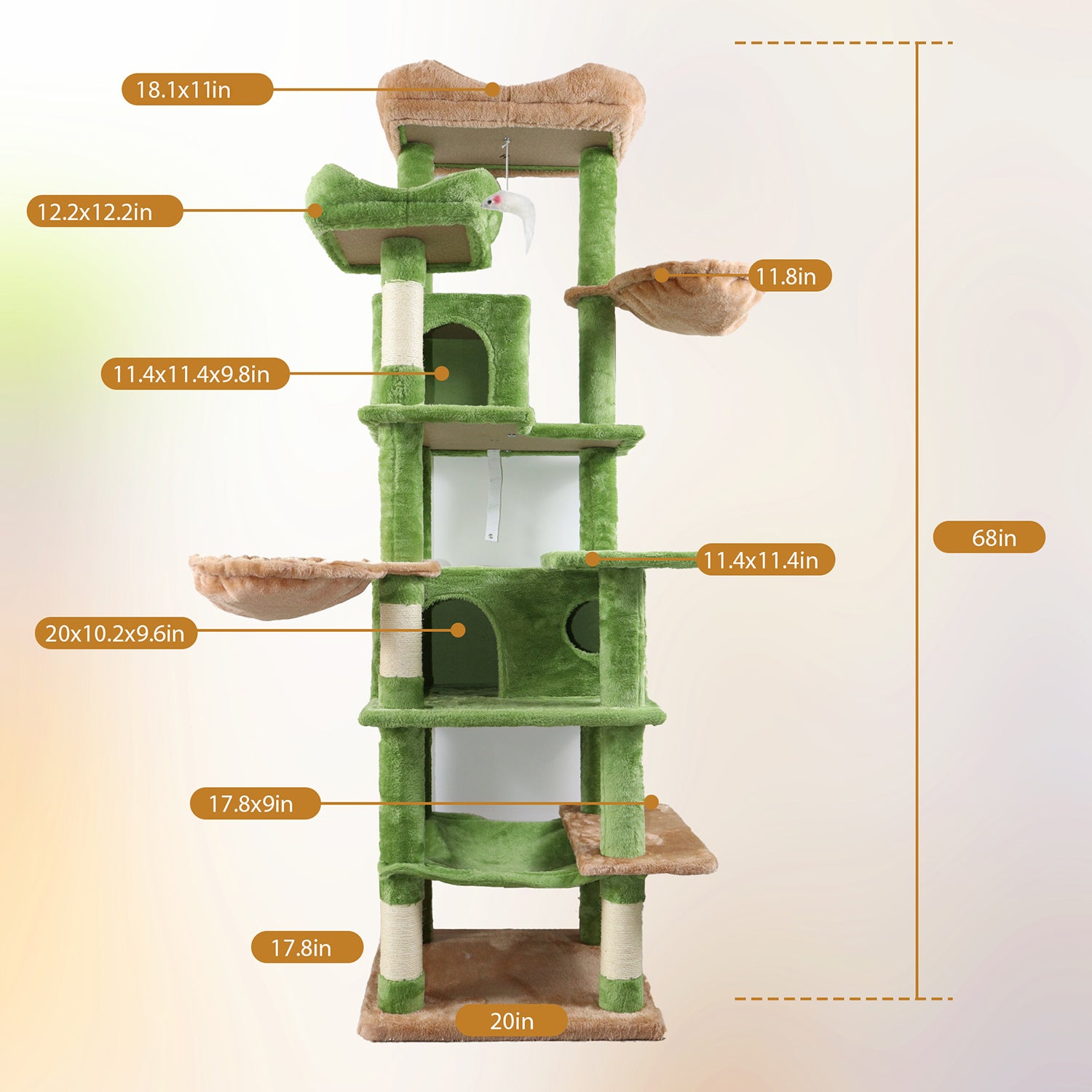 68in Grand arbre de chat vert multi-niveaux avec hamacs