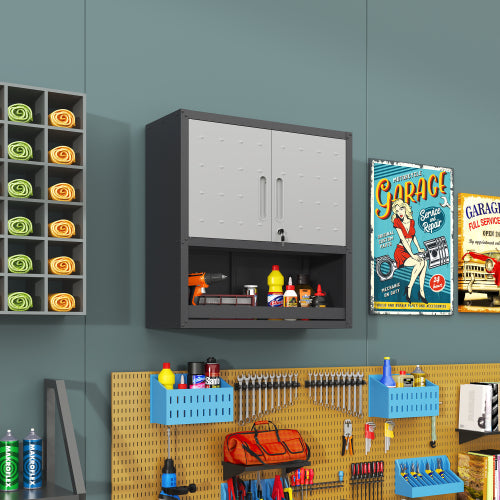 Armoire de rangement en métal mural avec porte de verrouillage et 1 plateau 1 tiroir ouvert pour
