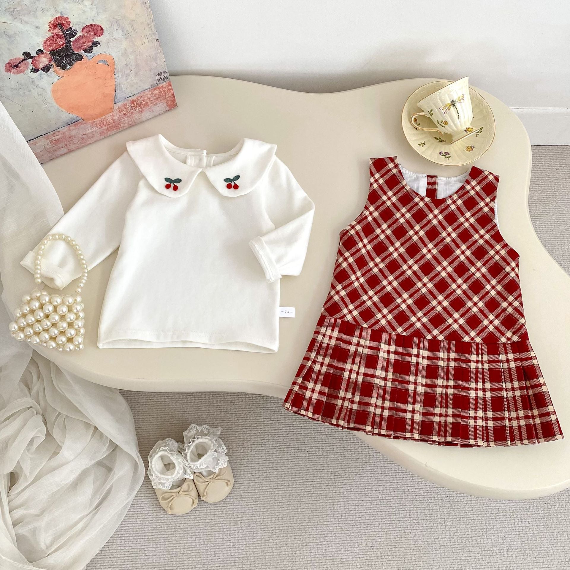 Filles Preppy-Style Plaid Vest Robe Et Mignon Brodé Lapel Botting Shirt Deux-Piece S