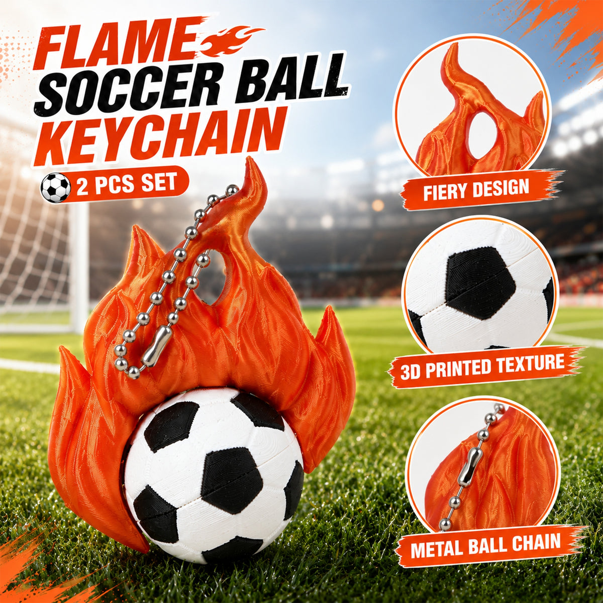 3D imprimé Flame Soccer Ball Porte-clés Sac à dos sport Pendentif
