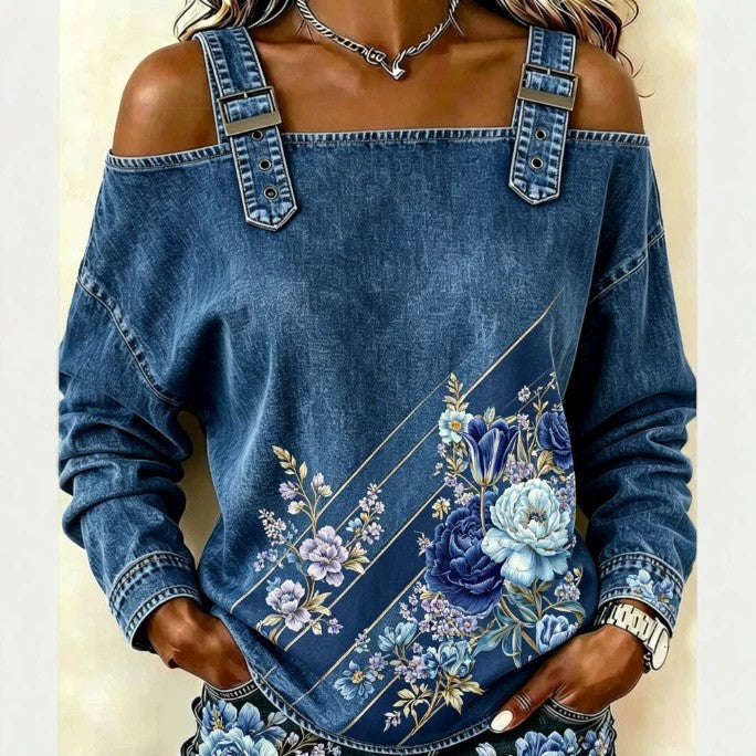 Véritable Denim Imprimé Direct Femme Denim Top avec les paillettes