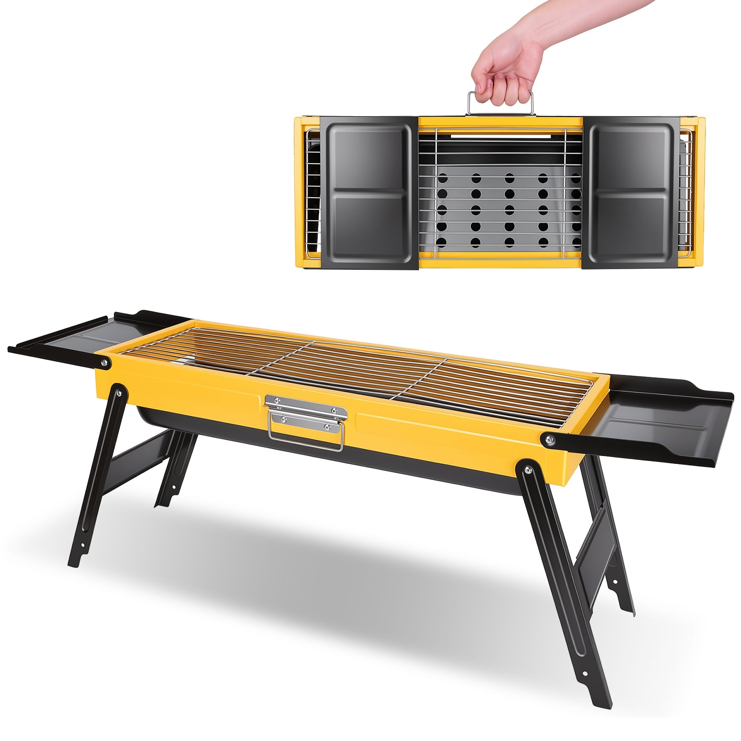 1Pc Portable pliant Charcoal Grill en acier inoxydable Camping BBQ Grill avec panneaux latéraux Com