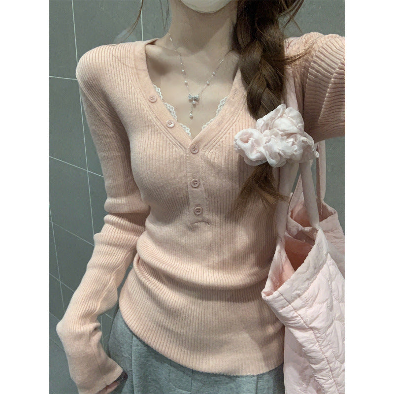 Début Automne Style coréen Élégant col V Boutonné Slim-fit Long-Sleeve Top