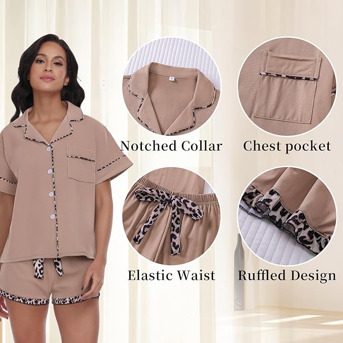 Pyjama d'été RONGTAI pour femmes set Short Sleeve Button Down Leopard Pjs Lounge sets doux