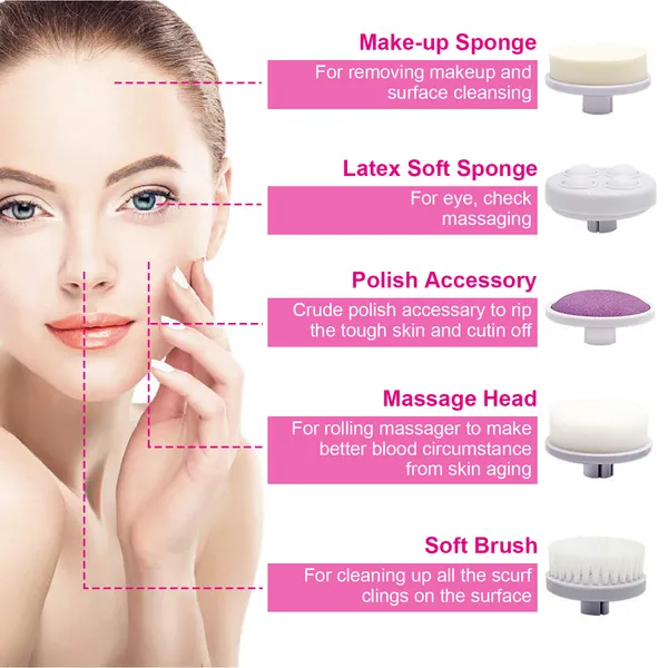 Brosse nettoyante pour visage éponge étanche avec 5 têtes de brosse pour
