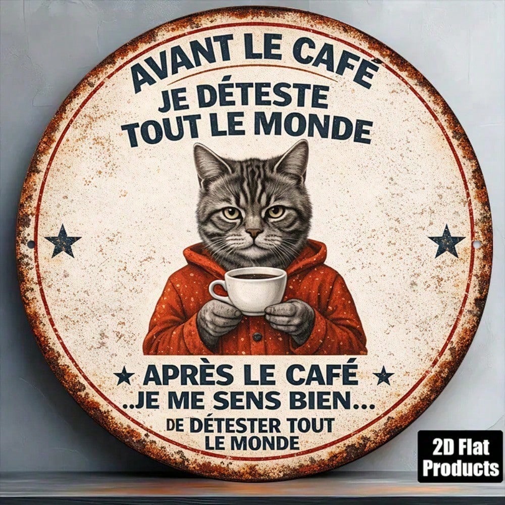 8x8in Vintage French Lover Cat Round Metal Sign Cafe Wall Decor