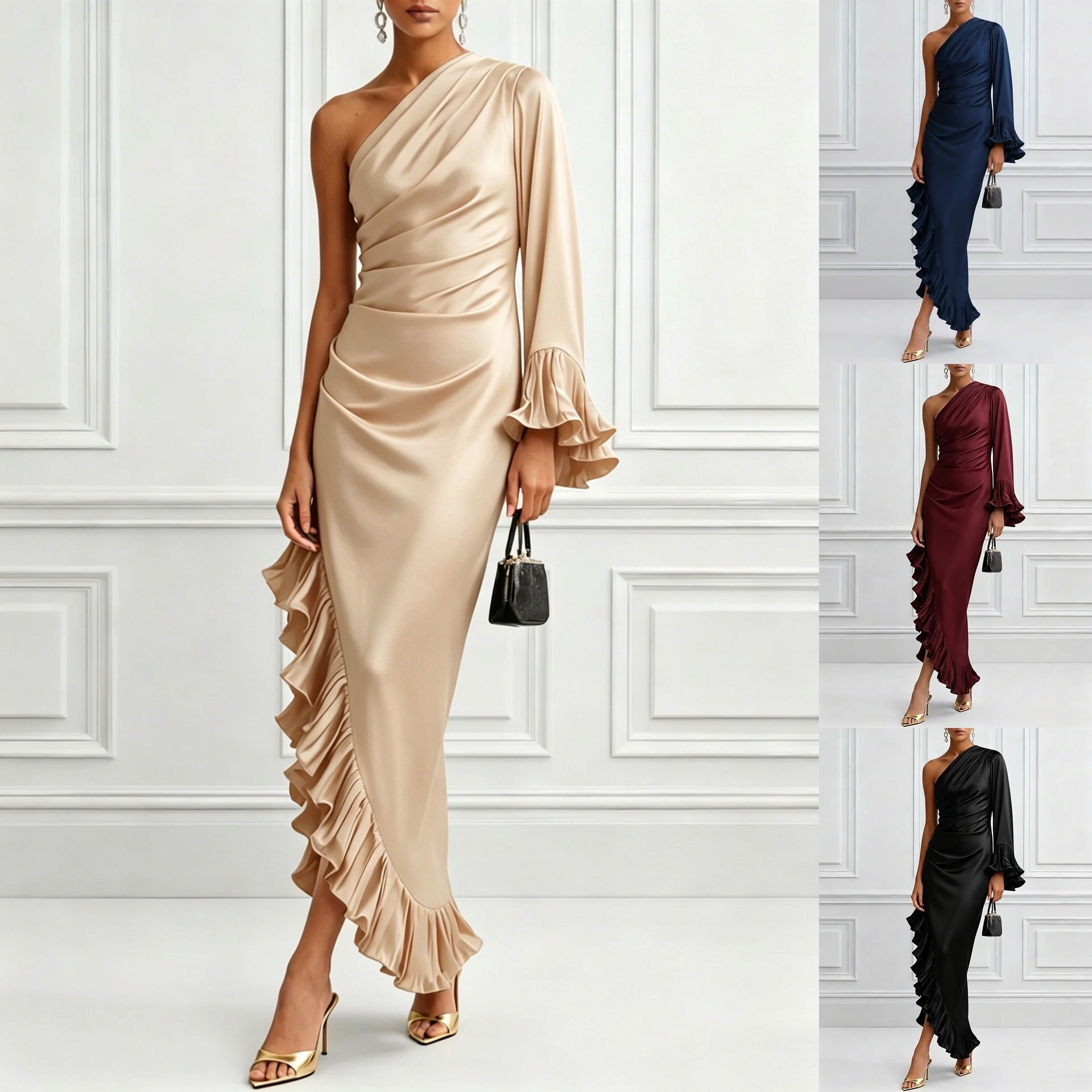 Robe asymétrique plissée satinée de couleur solide