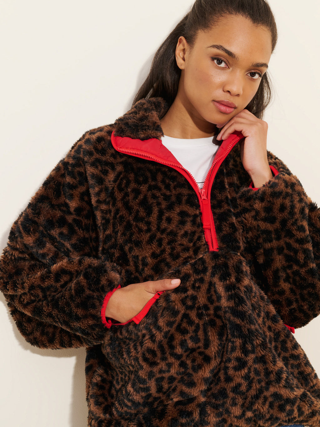 Retro coloré Floral Stand-collar Faux Lambswool Half-zip Jacket