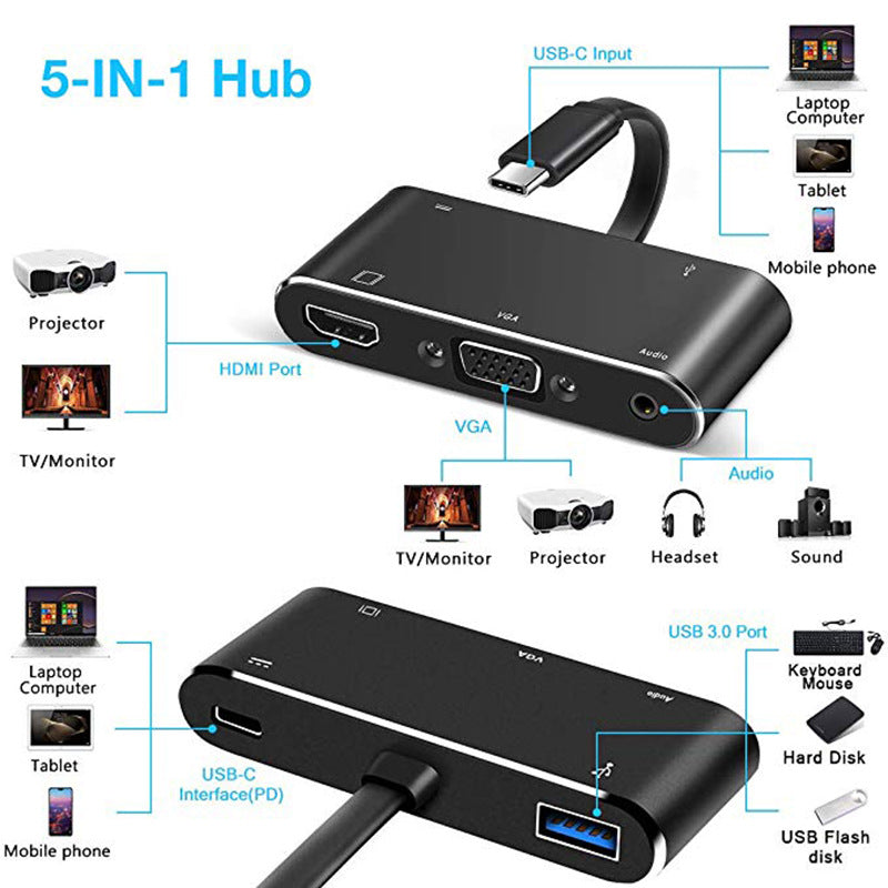 Type-c à HDMI VGA 5-en-1 HD double affichage convertisseur