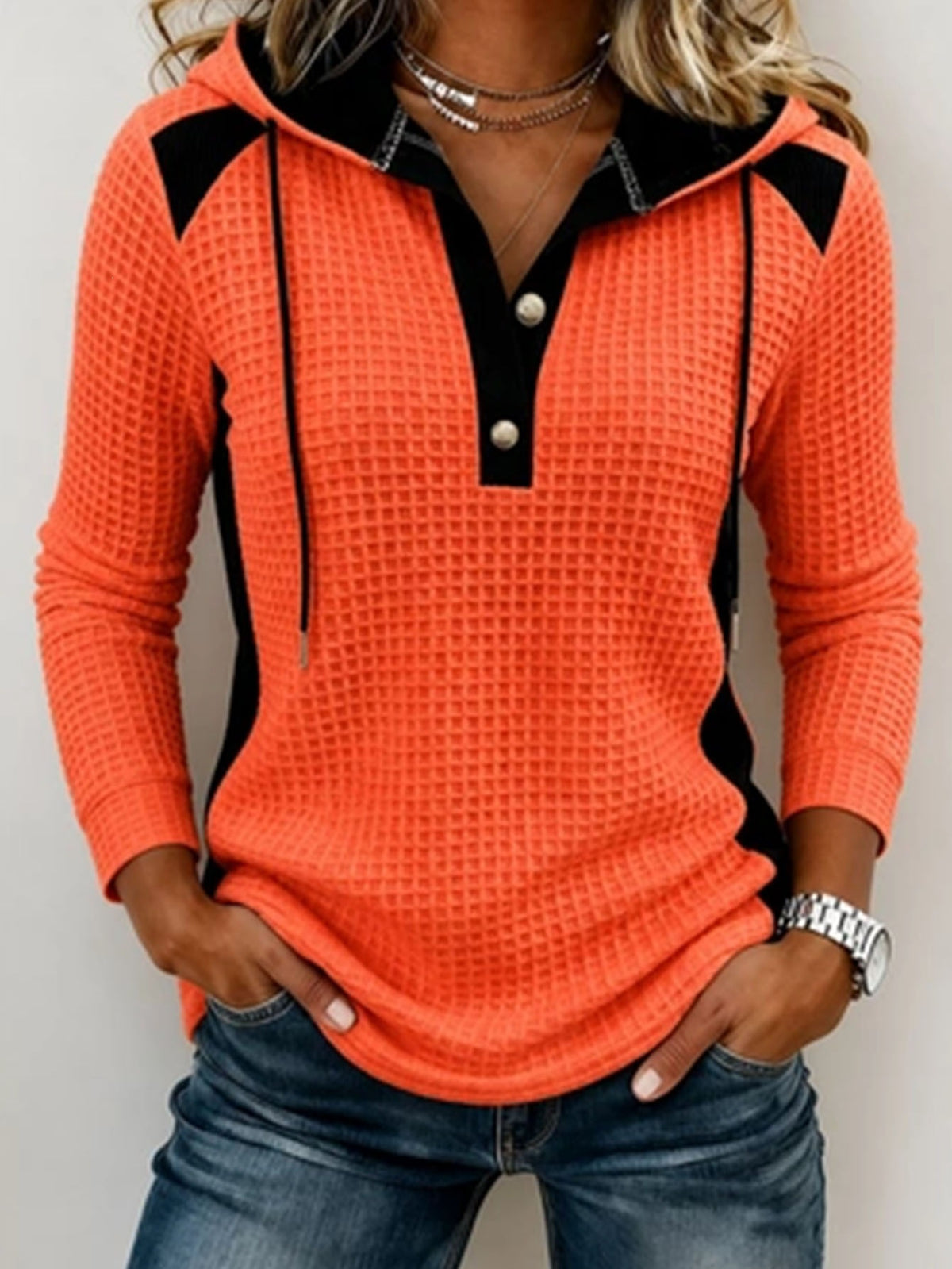 Anno's Auto-développé Européen et American Women's Fashion Casual Waffle Knit Hooded Swea