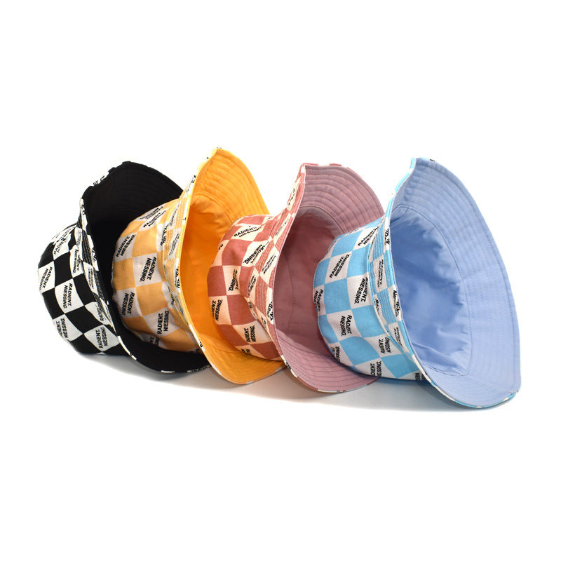 Lettre Chapeau de Bucket Plaid Mode Femme Double face Chapeau de Bucket