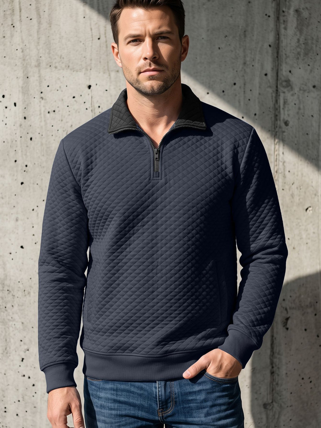 Men's Diamond-Check Half-Zip Stand-Collar Long-Sleeve Sweatshirt