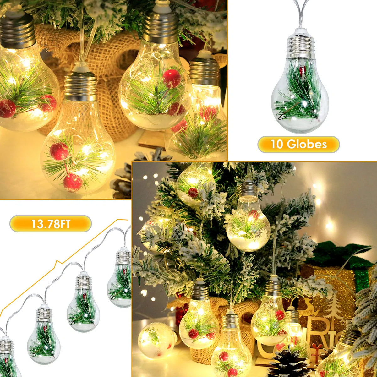 13.78FT Noël Snow Globe chaîne de lumière batterie alimenté 10 ampoules LED intérieure Noël Li