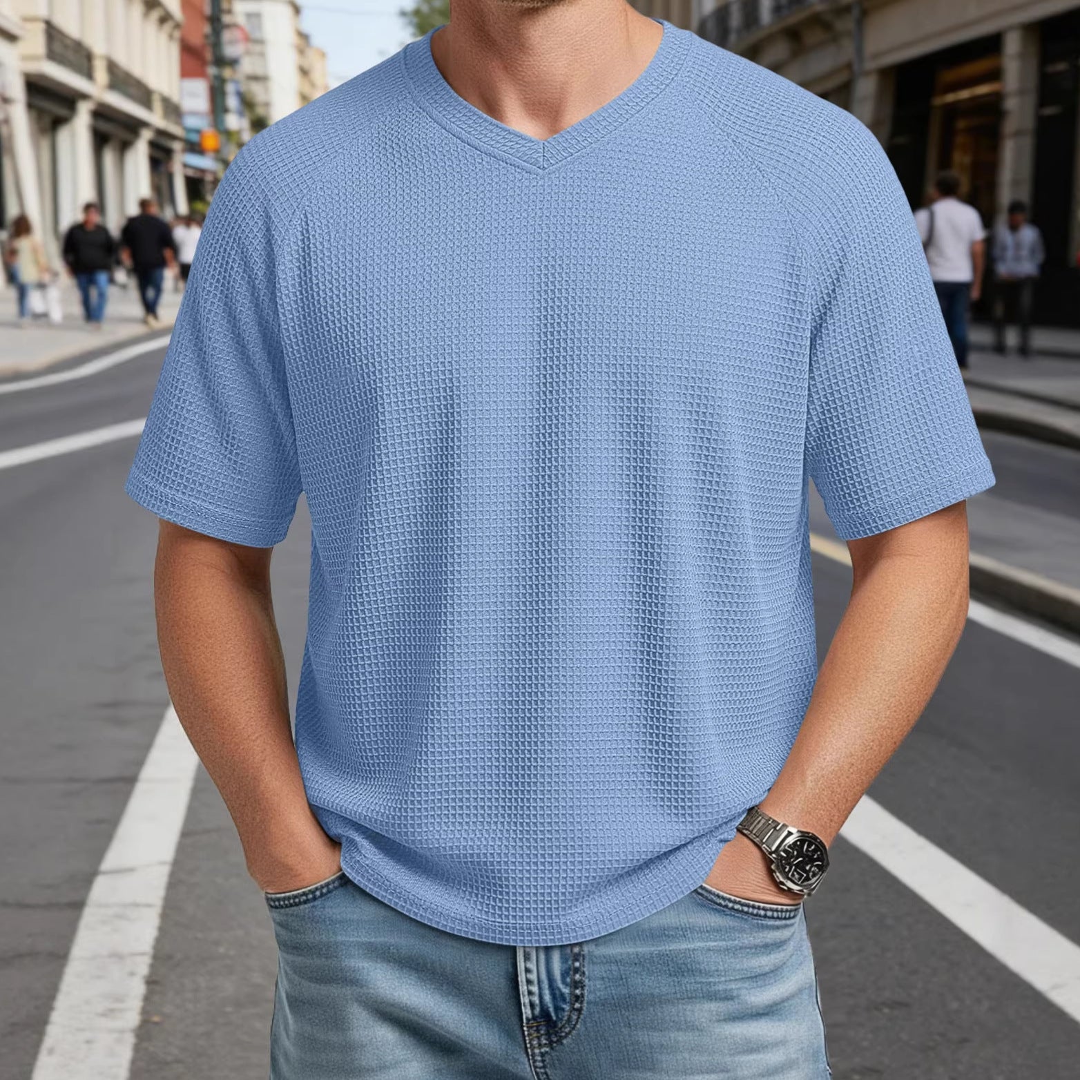 T-Shirt en tricot à manches courtes Raglan col V pour hommes