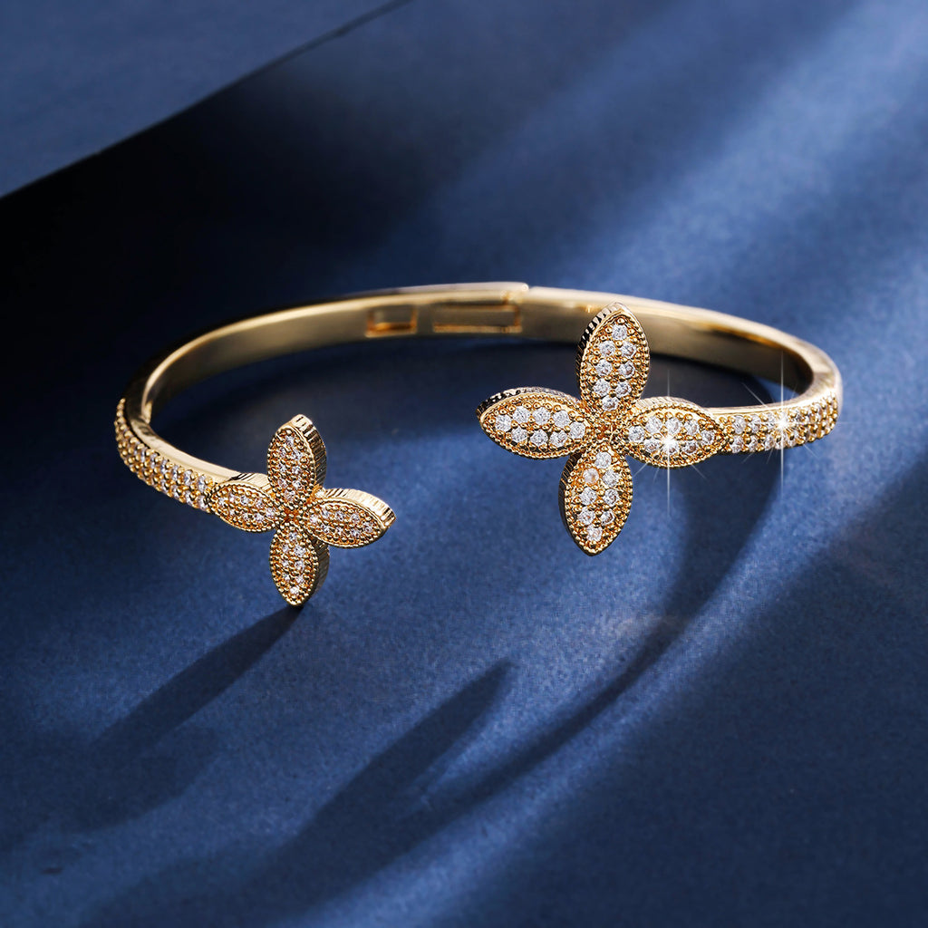 Luxury Asymétrique Double Fleur Zircon Inlaid Open Bangle