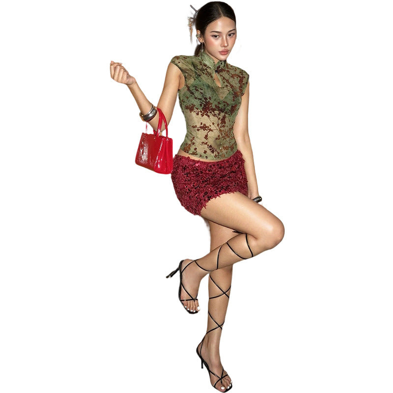 Déclaration sur le collier de style Cheongsam imprimé pour femmes haut de page