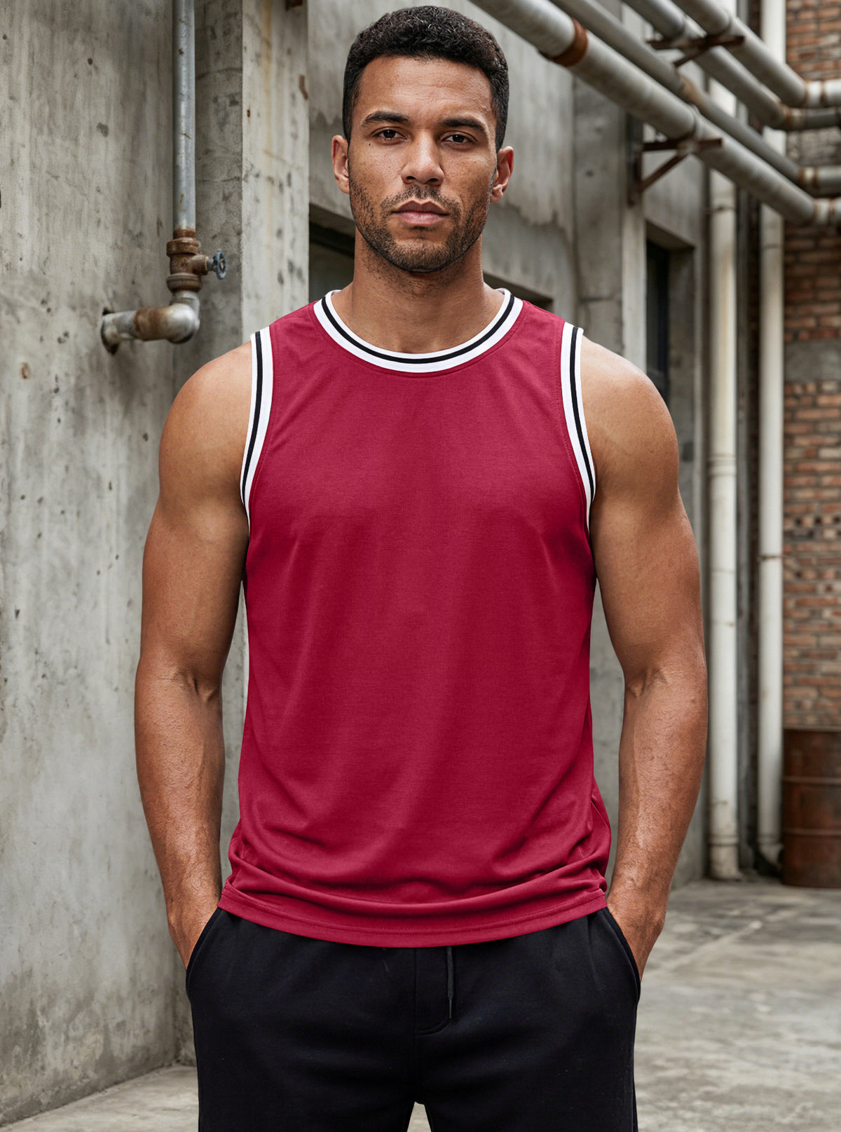 Sleeveless Summer Solid Color Ribbed Trim Crew Neck Tank Top