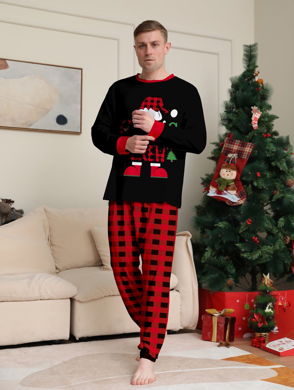 Chapeau de Noël Lettres de dessins animés Plaid rouge et noir imprimé costume de Noël