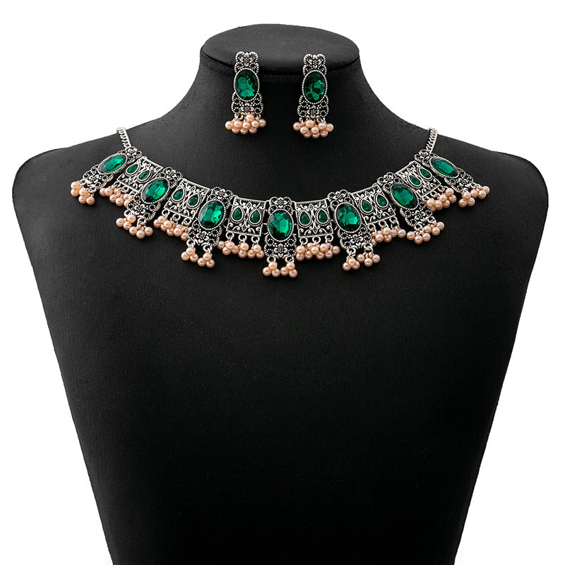 Boucles d'oreilles vintage Emerald Style ethnique Square Tassel Perle Pendentif bijoux costume