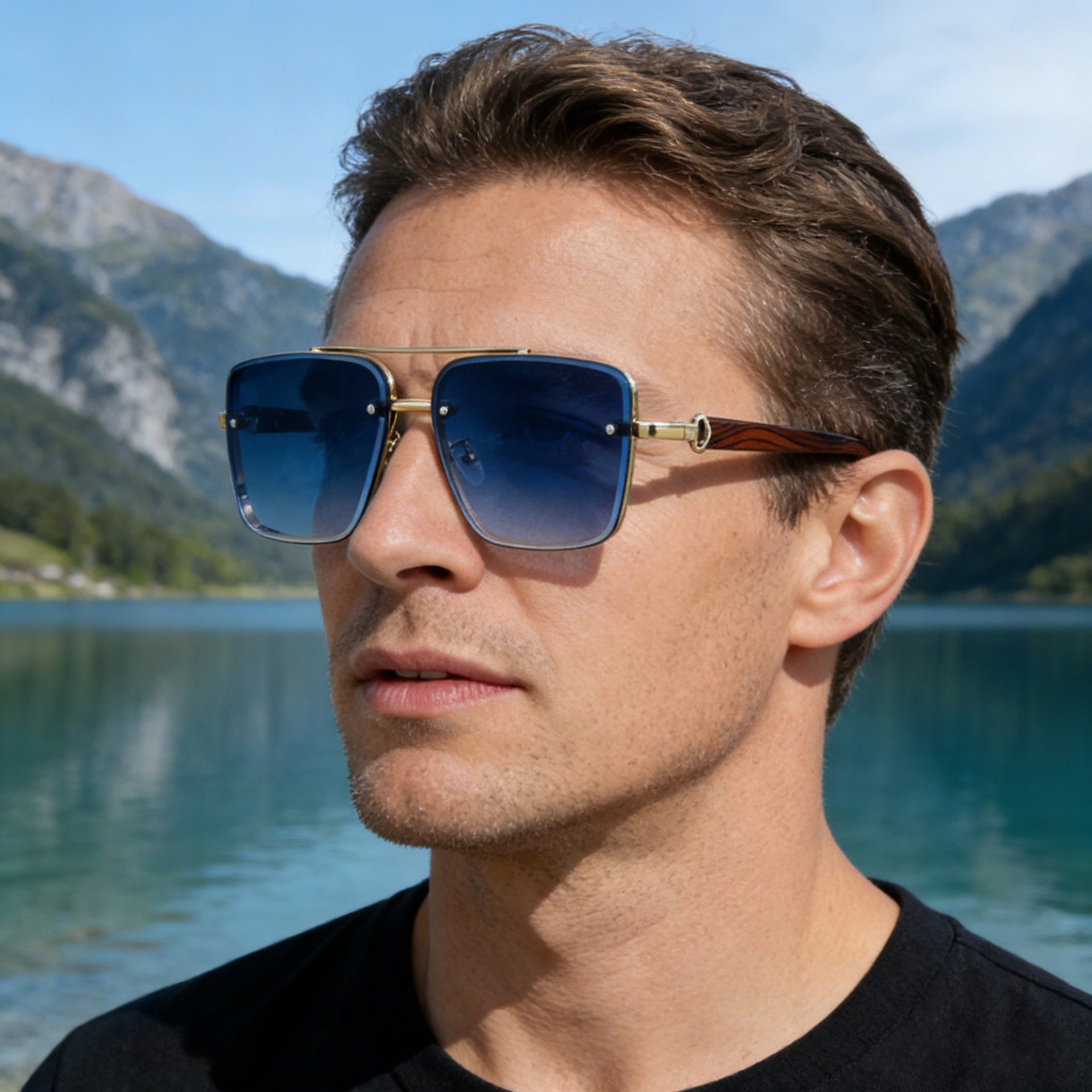 Lunettes de soleil à cadre carré Coupe Edge Men's Imitation Wood Grain Temples Lunettes de soleil Men's Trend