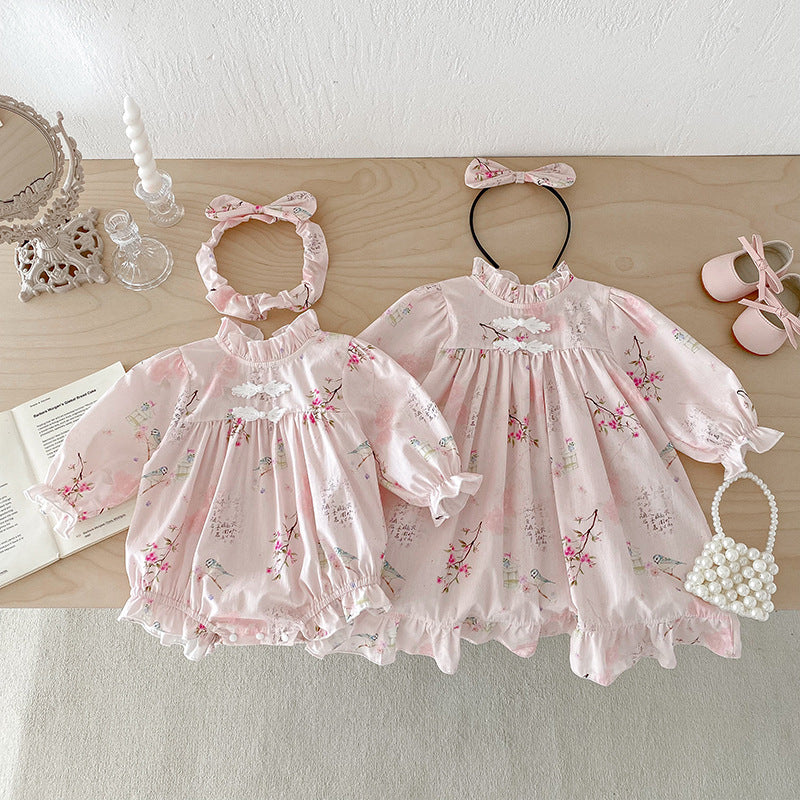 Longue manches bébé fille Triangle Rompers Retro style Tang robe