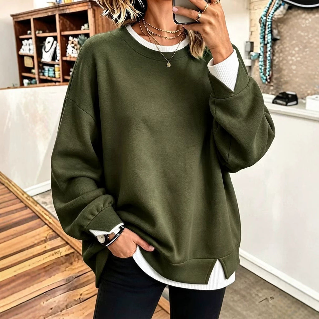 Col rond Patchwork à manches longues Pullover Sweatshirt de couleur unie