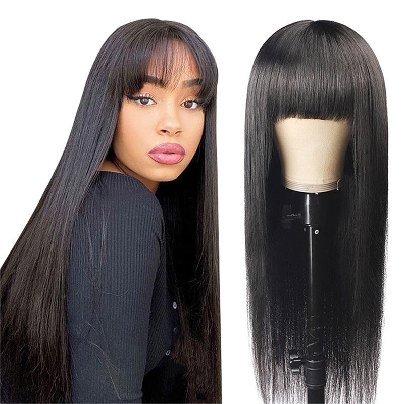 Perruque synthétique longue droite pour femme avec des bangs - Machine à fibre thermorésistante fabriquée en pile à cheveux