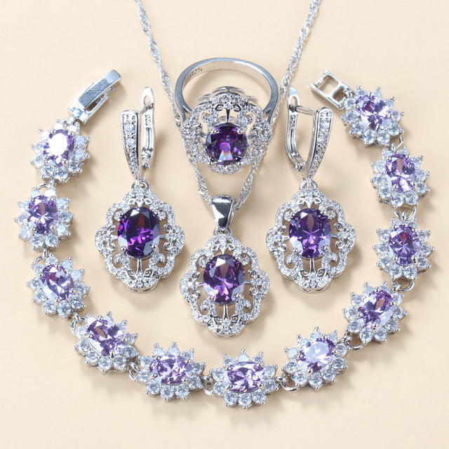 Garnet Cubic Zirconia Boucles d'oreilles Collier pendentif Bracelet Bague Cadeau 4 PCs Set