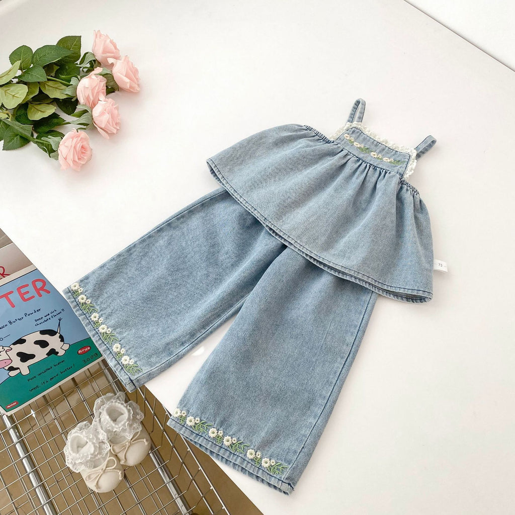 Camisole brodée et pantalons à large jambe Ensemble deux pièces pour filles