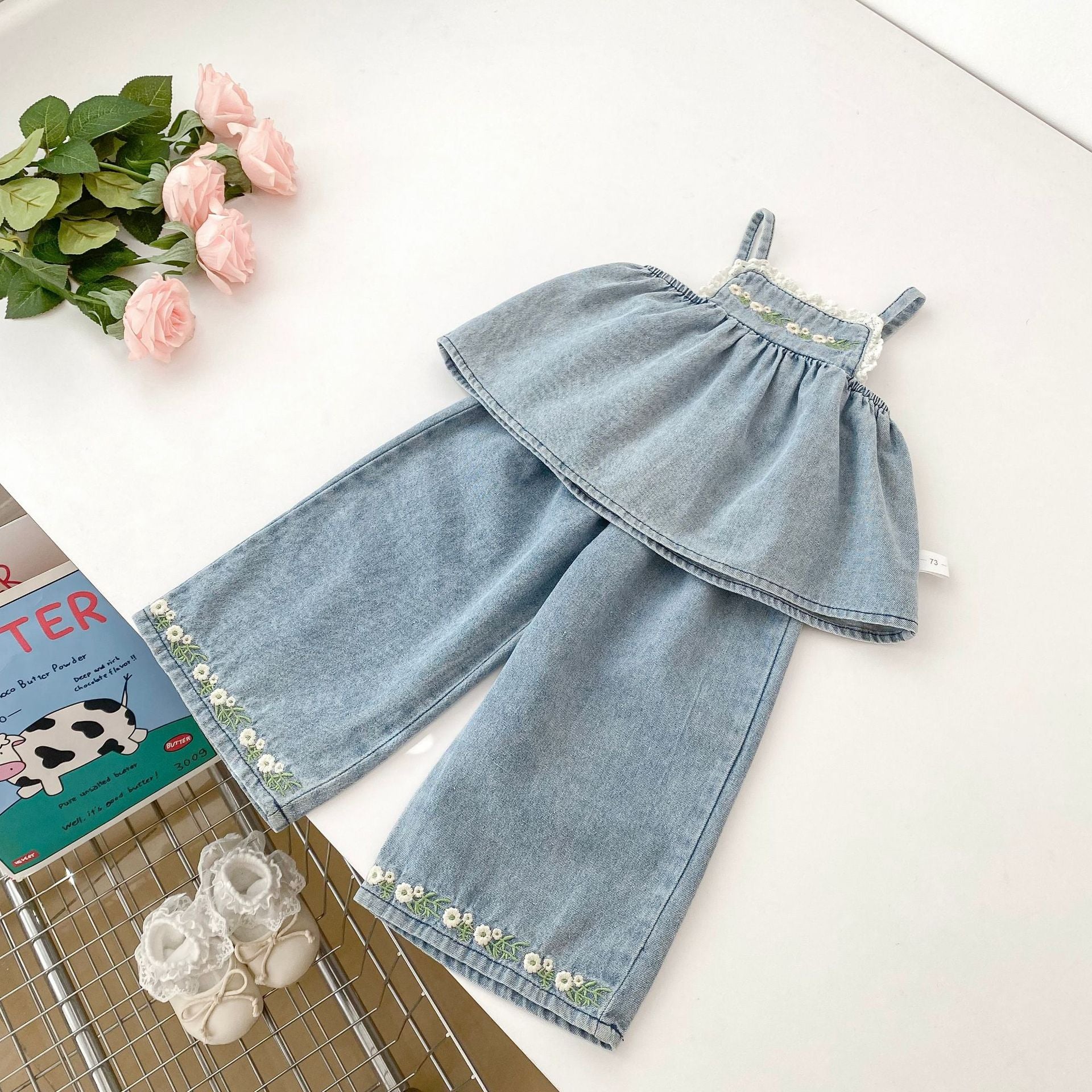 Camisole brodée et pantalons à large jambe Ensemble deux pièces pour filles