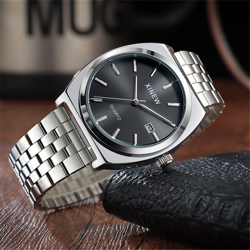 Style étudiant Bracelet en acier inoxydable à la mode calendrier Quartz hommes montre
