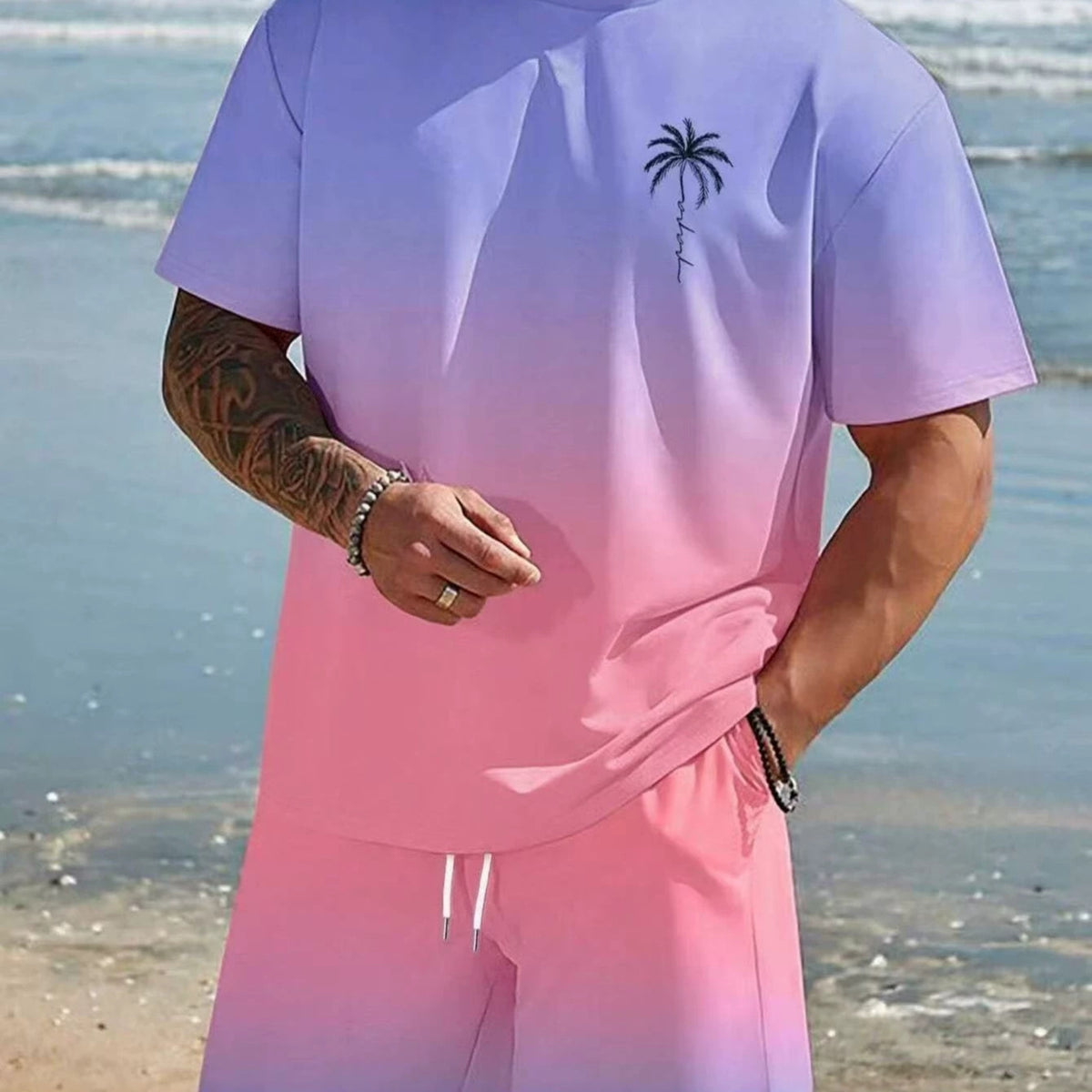 Summer Hot-Selling Gradient Coconut Tree Beach Chic Imprimer Vêtements pour hommes