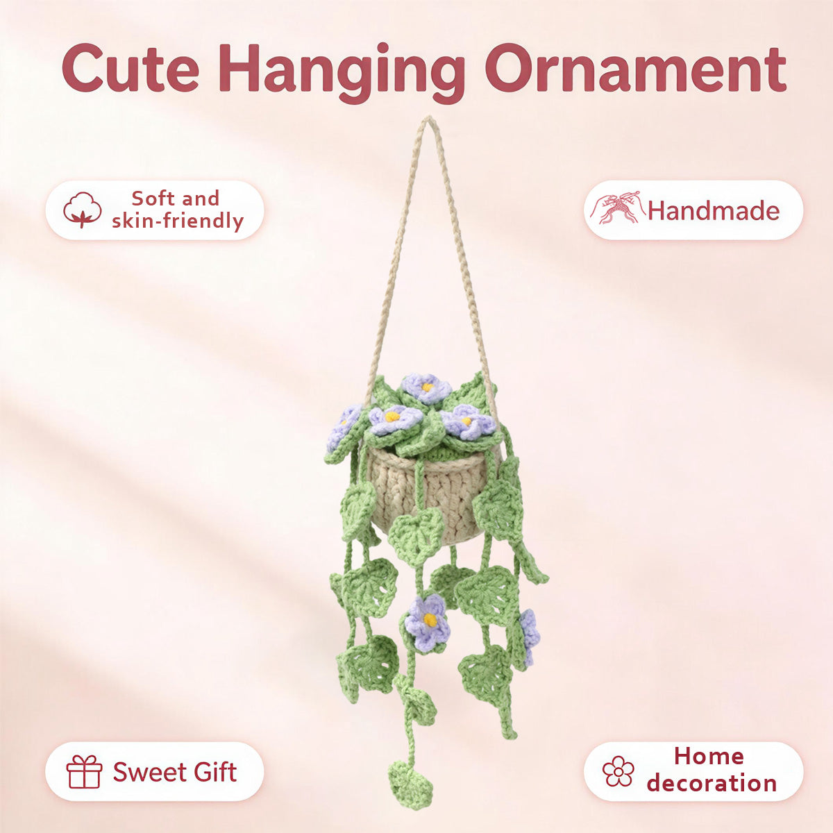 Crochet à la main suspendu ornement en pot avec trailing clair pourpre Blossoms et lea vert