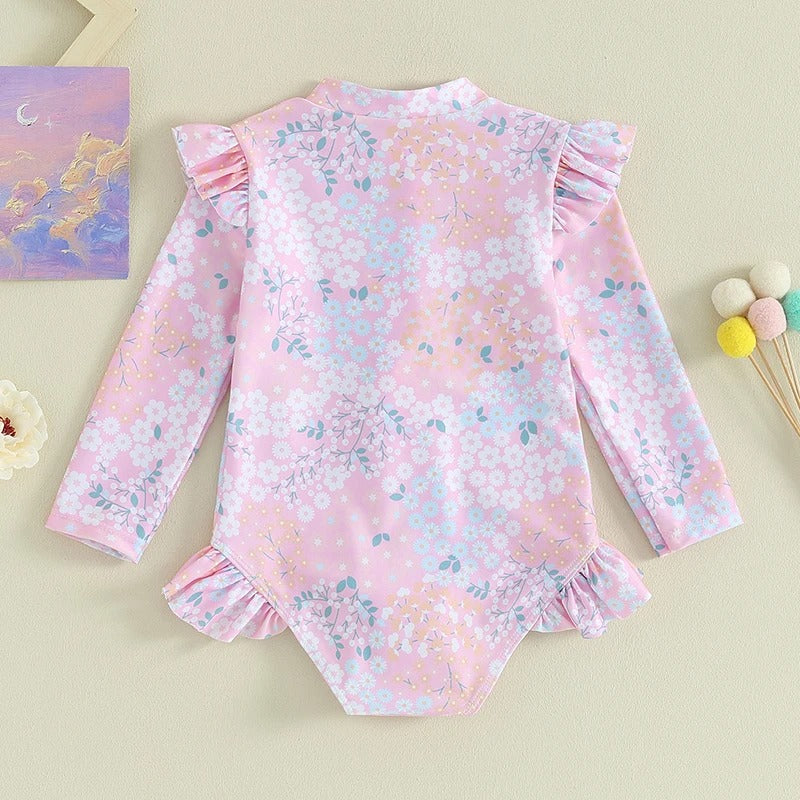 Bébé 9M-5Y Tout-petit Enfant Fille Maillot de bain Ruffle Floral Imprimer manches longues Zipper Swimwe