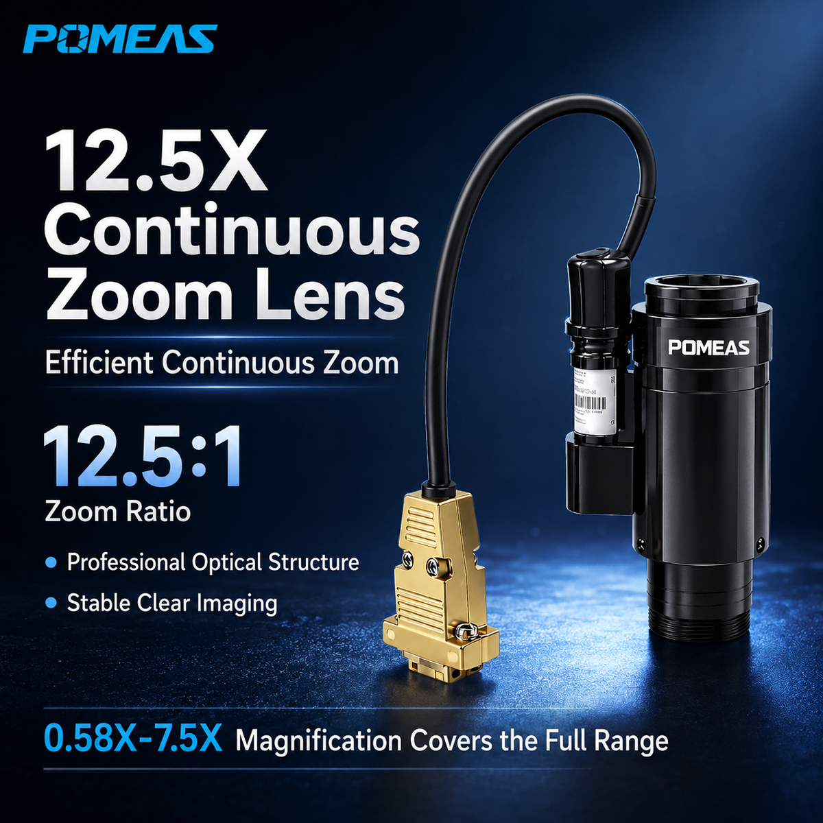 12.5X Objectif de zoom industriel motorisé 0,58X-7,5X 2 3 pouces C-Mount 77,4mm Distance de travail M
