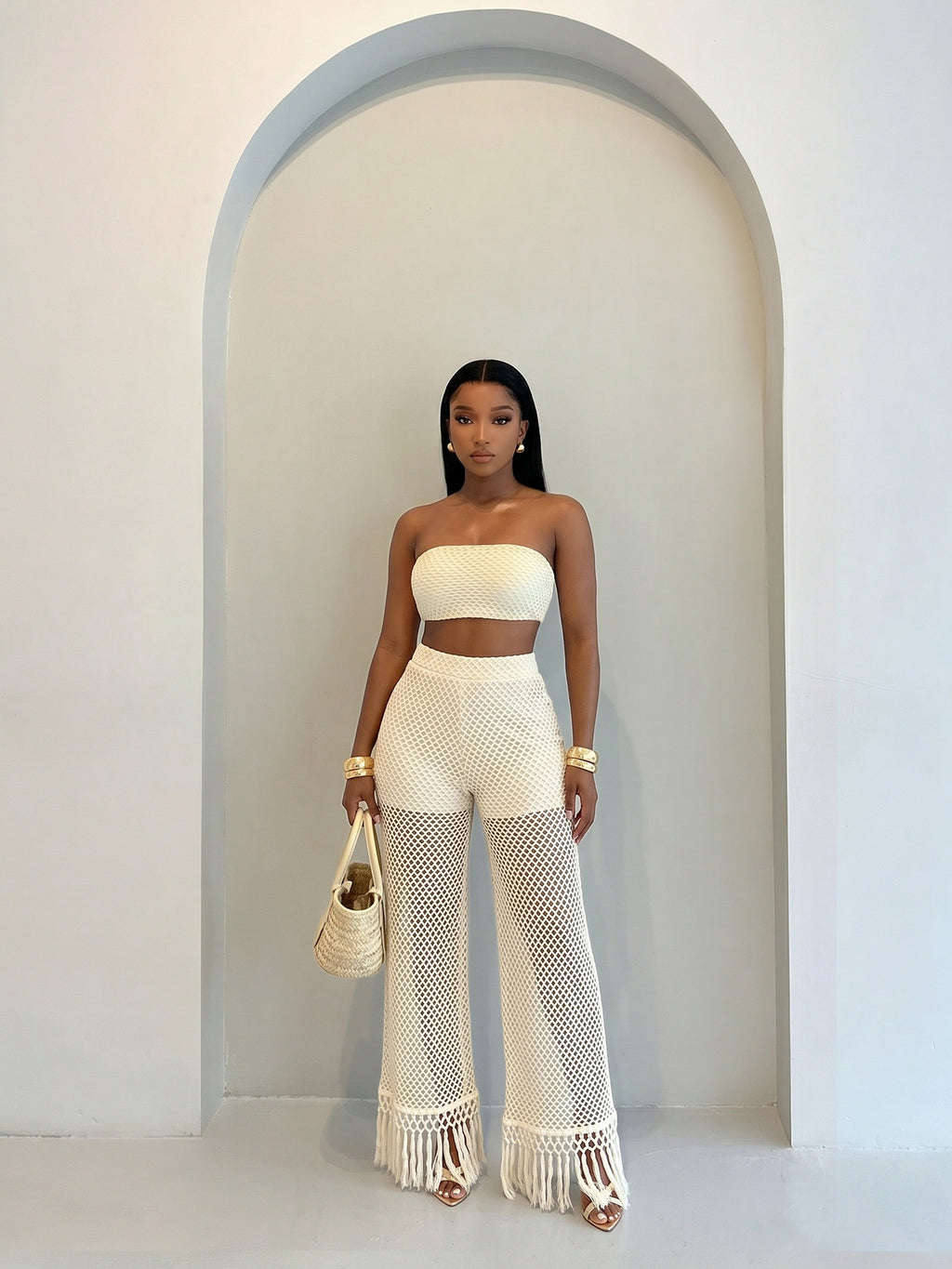 Fashionable femmes Voir-through Hollowed-Out Pantalons et tricoted tube Top Set