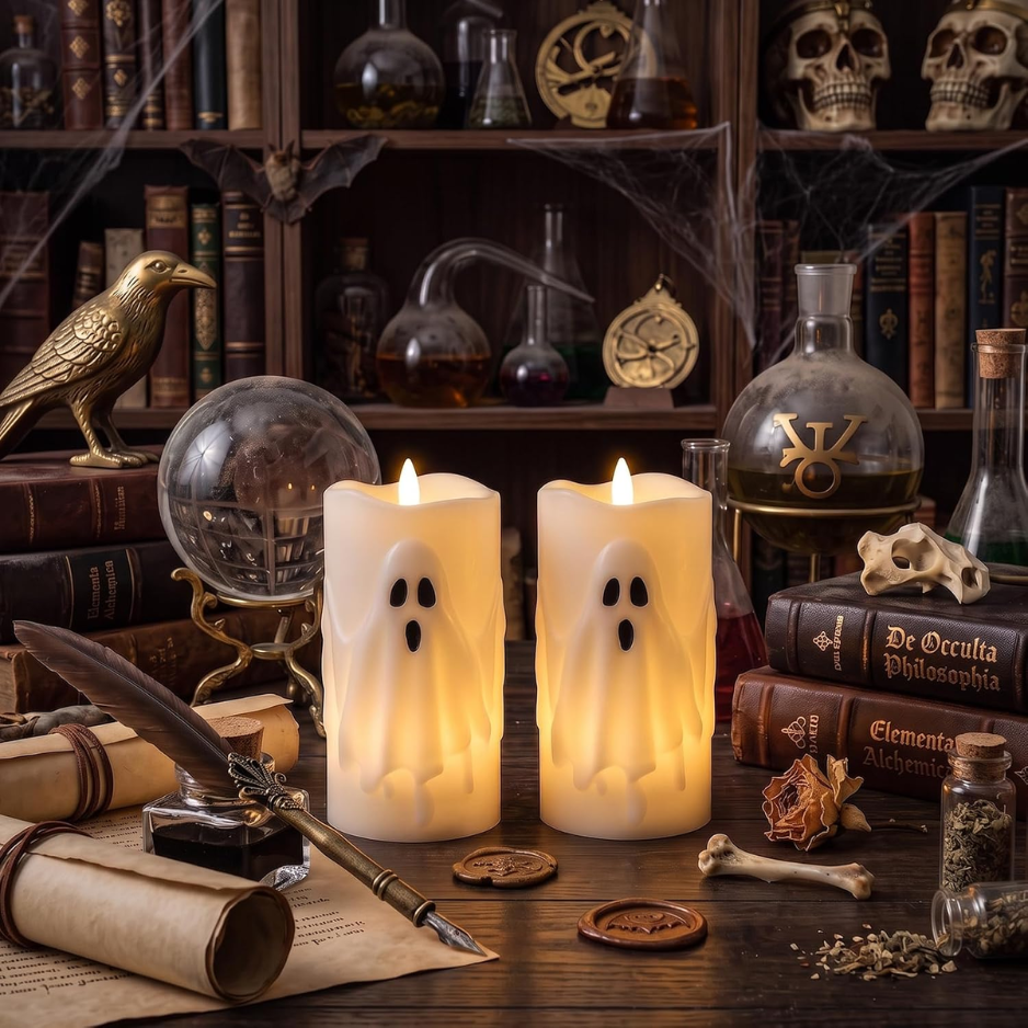 Bougies de pilier sans flamme Halloween Fantôme ensemble de 2 avec télécommande et minuterie