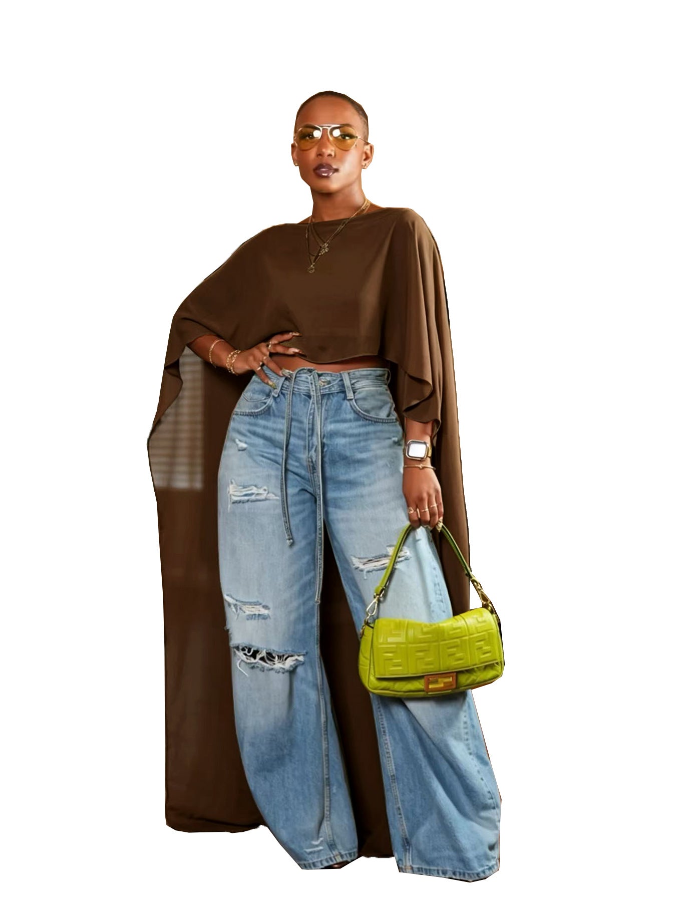 Élégantes femmes à l'aise Mesh Maxi Cape avec manches drapées Et un midriff-baraging T