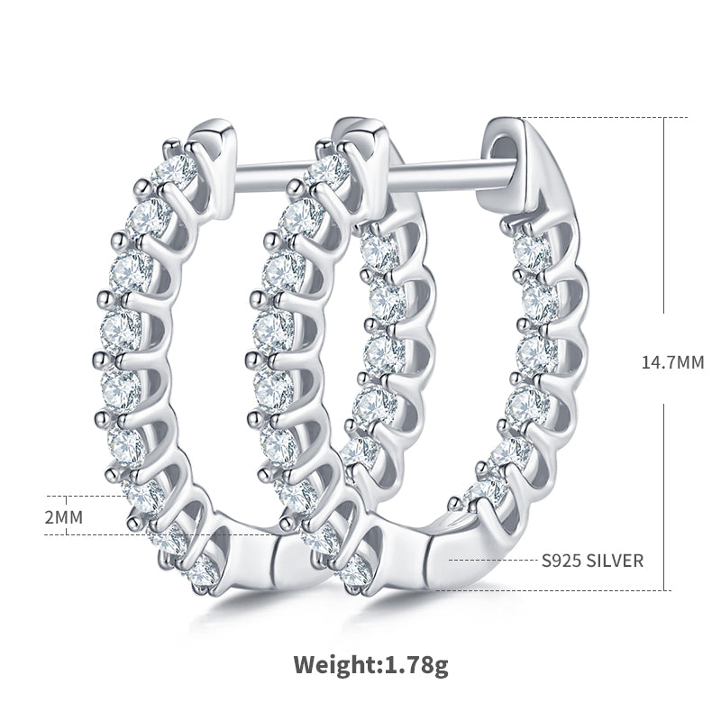 S925 Argent Sterling 30pcs Moissanite Boucles d'oreilles Huggie Hoop pour femmes 16,5mm Plaque platine