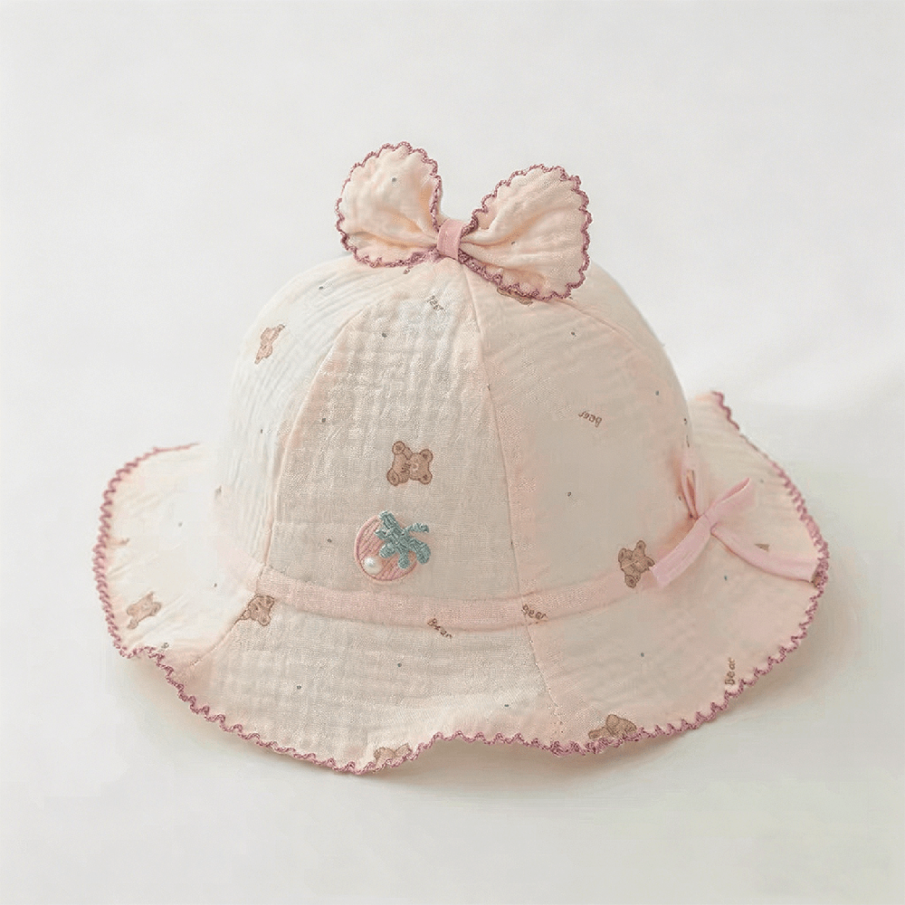 Summer Baby Bear Print Chapeau Bow avec bride frisée et broderie aux fraises