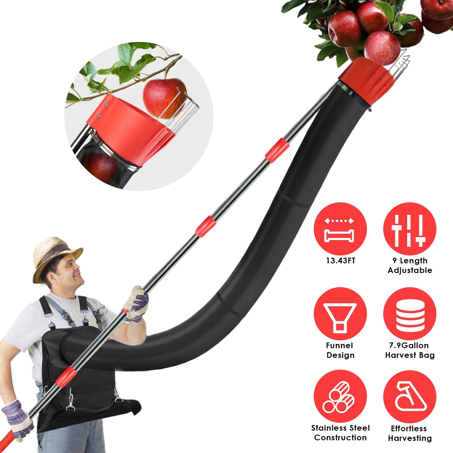 1Pc 13FT Pôle de cueillette de fruits haut de gamme avec sac de récolte Outil de cueillette de fruits lourds avec