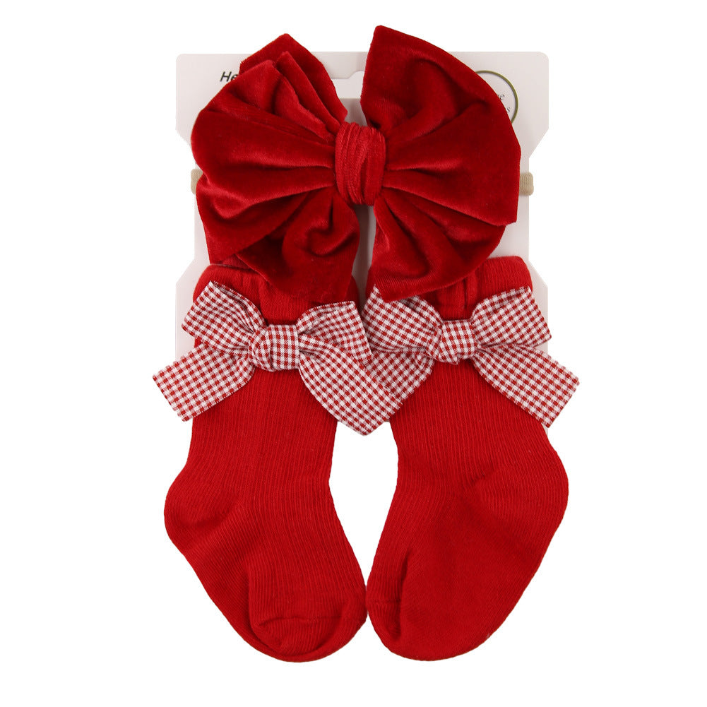 Bande de cheveux bébé Bow Chaussettes costume pour enfants Noël Grandes chaussettes Bow Combinaison